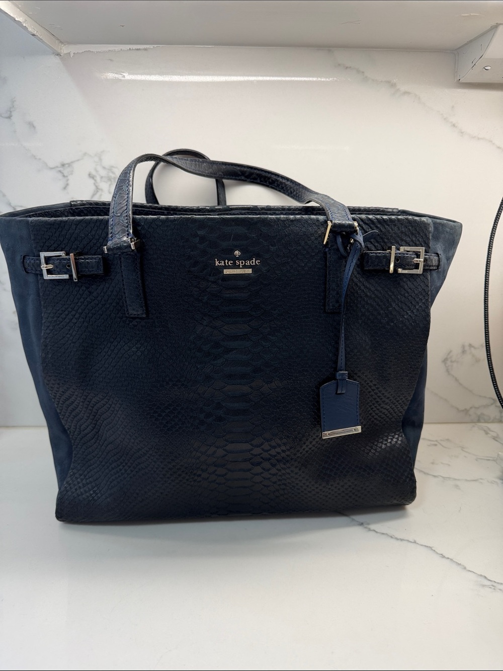 kate spade navy textured leather tote with luggage tag